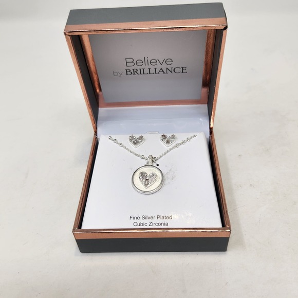 Believe by Brilliance Heart Necklace Earring Set Silver Plated Cubic Zirconia - Picture 1 of 5